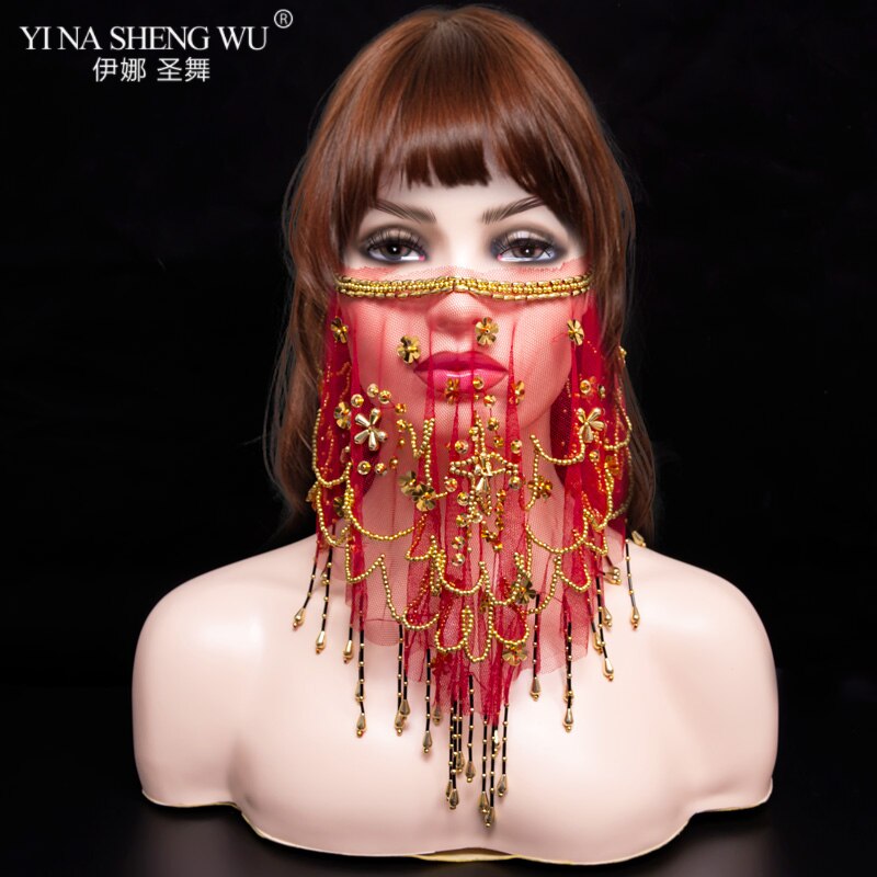 Bellydance Face Veil Women Indian Belly Dance Face Veil Tribal Belly Dance Veils For 9 Colors Available: Plum flower Red