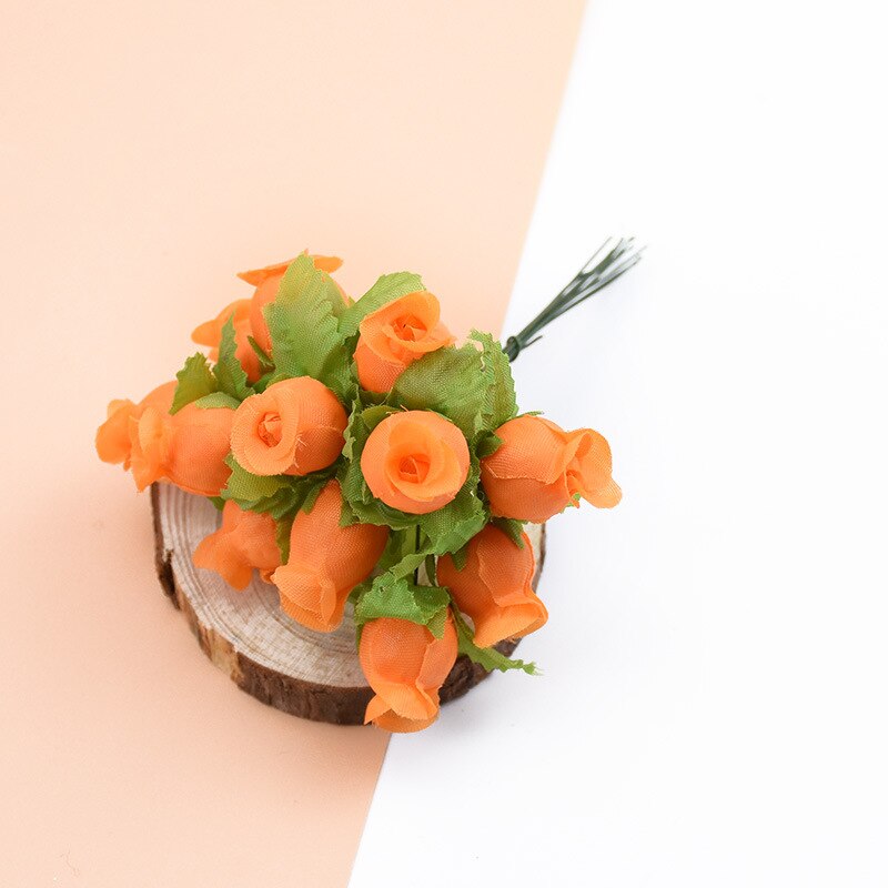 12 uds/paquete de seda artificial mini capullo de rosa cabeza de flor DIY ramo de flores caja de scrapbooking boda decoración de en casa: Naranja