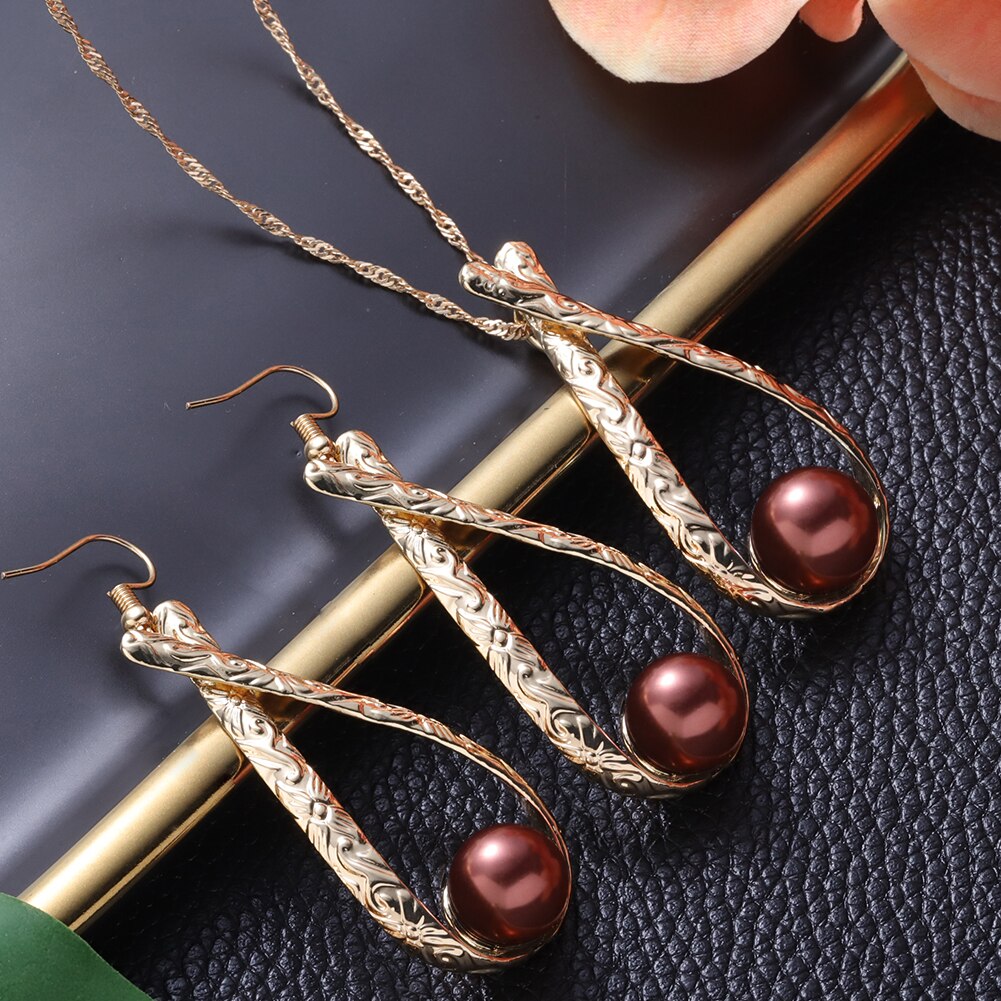 Cring Coco Hawaiian Jewelry Sets Polynesia Earrings Chocolate Color Pearl Water Pendent Necklace Set for Women Mom