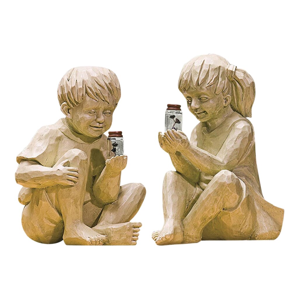 Estatua de resina para niño o niña, luciérnaga iluminada en tarro, adorno, escultura de jardín