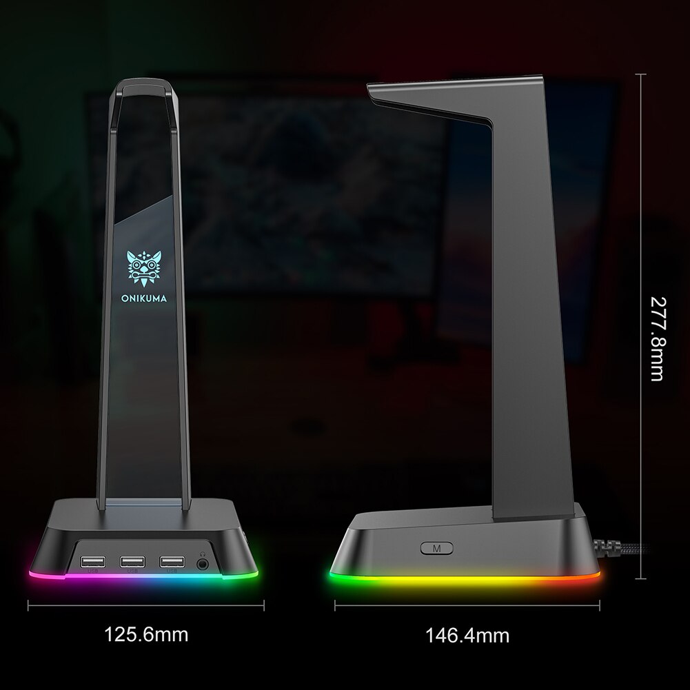 ONIKUMA RGB Headset Display Stand ST-2 with 3 USB+Audio Port Gamers Headphone Support Desk Hanger Holder Storage Accessories