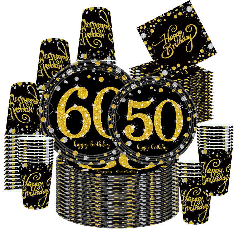 30th 40th 50th bursdagsfestpynt for menn og kvinner svart og gull festutstyr sett servise tallerkener kopper servietter duk