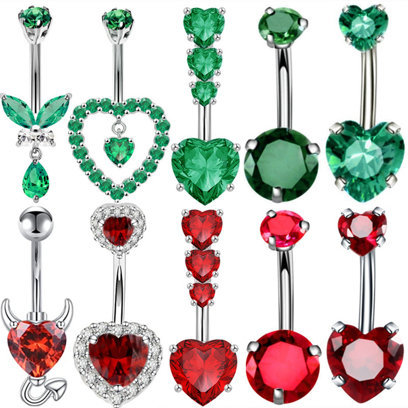 1 pièces coeur rouge nombril anneaux acier vert cristal ventre haltère nombril Piercing papillon pour femmes filles Piercing Ombligo