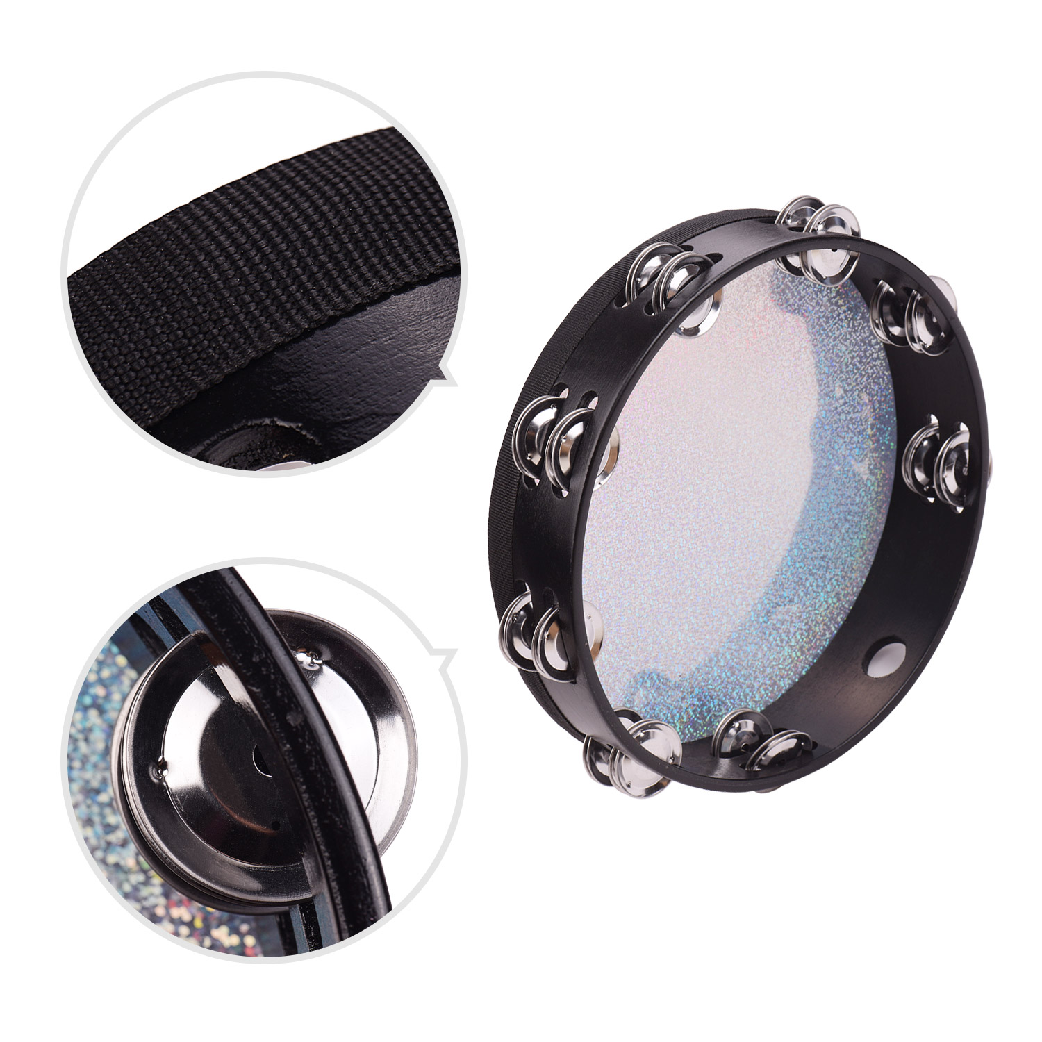 Tambour de main de clochette de tambourin rayonnant en bois de 8/10 pouces avec l'instrument de Percussion de tête de tambour réfléchissant brillant de Double rangée