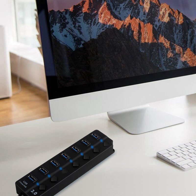 7 porte USB 3.0 Hub 5Gbps Ad Alta Velocità on Off Interruttore Tablet Trasferimento Dei Dati con il Tasto Adattatore di Alimentazione per PC Del Computer Portatile