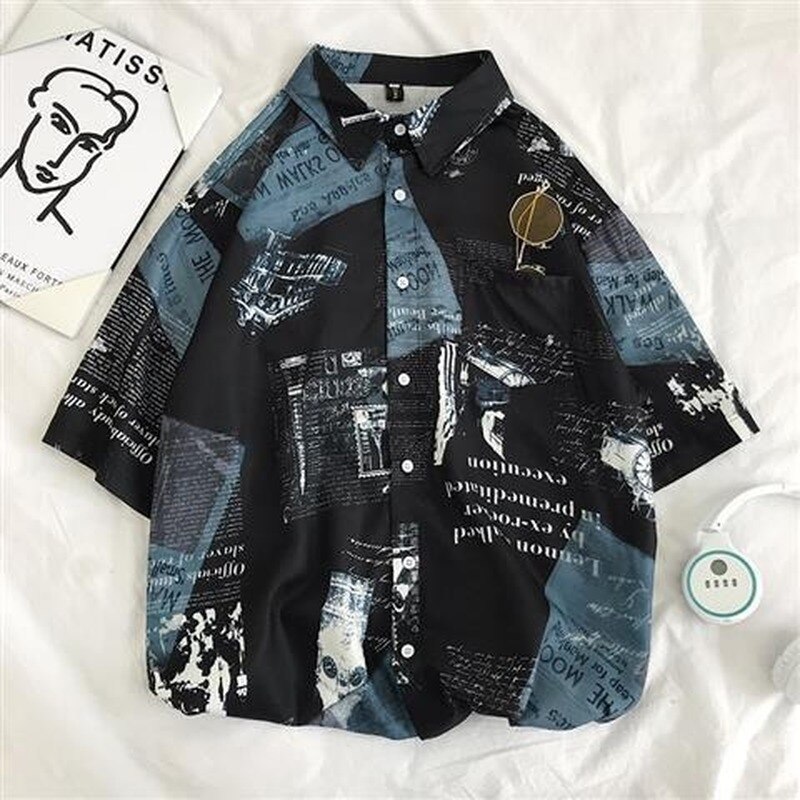 Menn skjorter korte ermer trykt løs fritidsskjorte sommer koreansk stil ulzzang street wear all match studenter herre topper