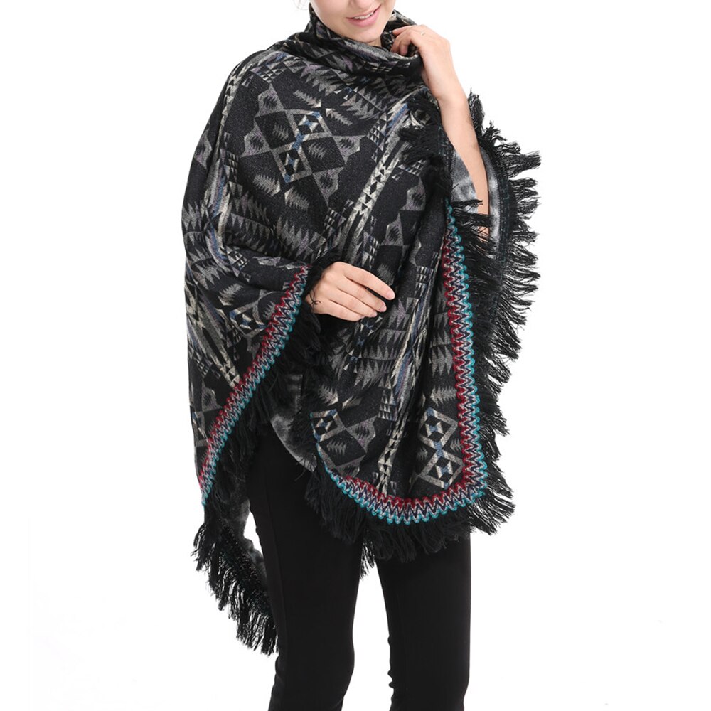 Moderigtig lang sektion høj krave jakke med frynsede sjal løs frakke print tyk sweater efterår