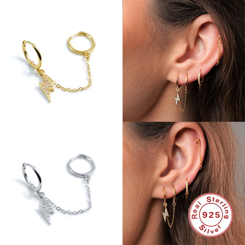 BOAKO-pendientes de aro de doble círculo para mujer, de Plata de Ley 925, Clips de cadena en pendientes, aros de seguridad, anillo colgante de circonita relámpago, joyería para mujer, 1 unidad