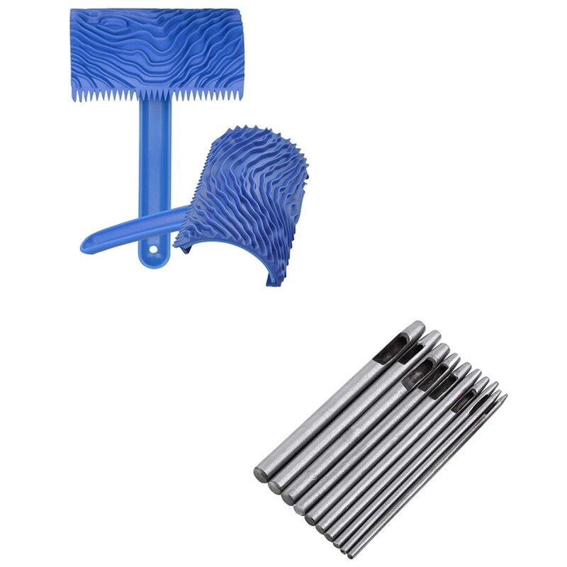 2Pcs Wood Pattern Graining Washable Empaistic Wood Texture Tool With 10Pcs Leather Hole Punch Cutter Punch Set 0.5-5Mm: Default Title