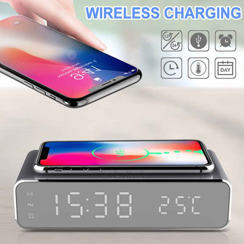 LED Electric Alarm Clock With Wireless Phone Charger Desktop Digital Thermometer Clock Electronic Date Table Clock Home Decor