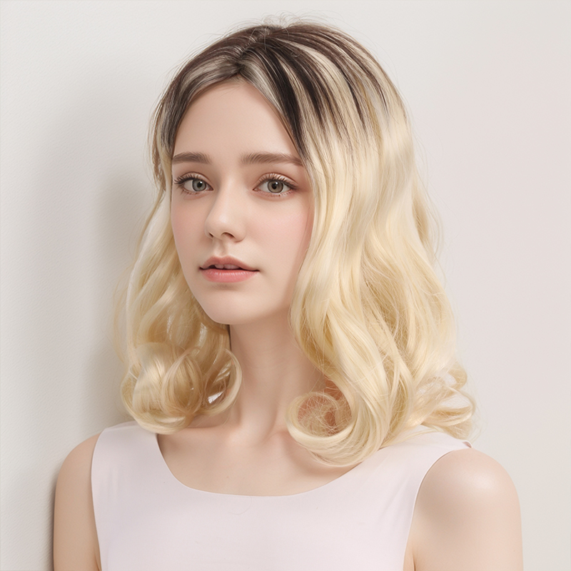 Skulderlangt kort hår litt krøllete hår midtskill gradient brun gull dame utkledningsparykk myk syntetisk varmebestandig og slitesterk egnet for daglig utkledning og fest cosplay-parykk festartikler hårfrisyre utkledning