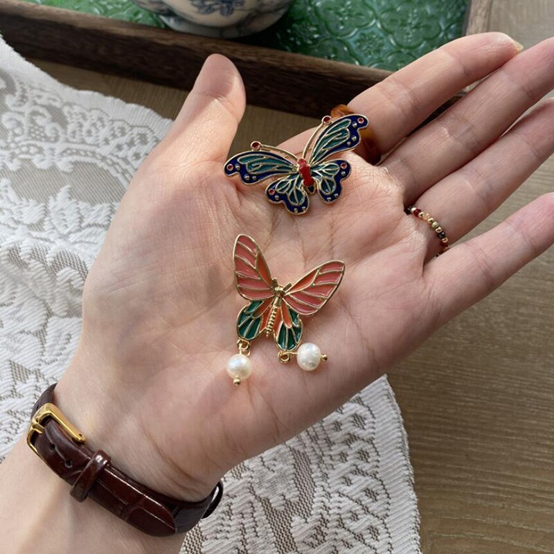 Vallen Kleurrijke Parel Enamel Broches Voor Vrouwen Grote Vlinder Broche Pin Banket Strass Accessoires Insect Broche