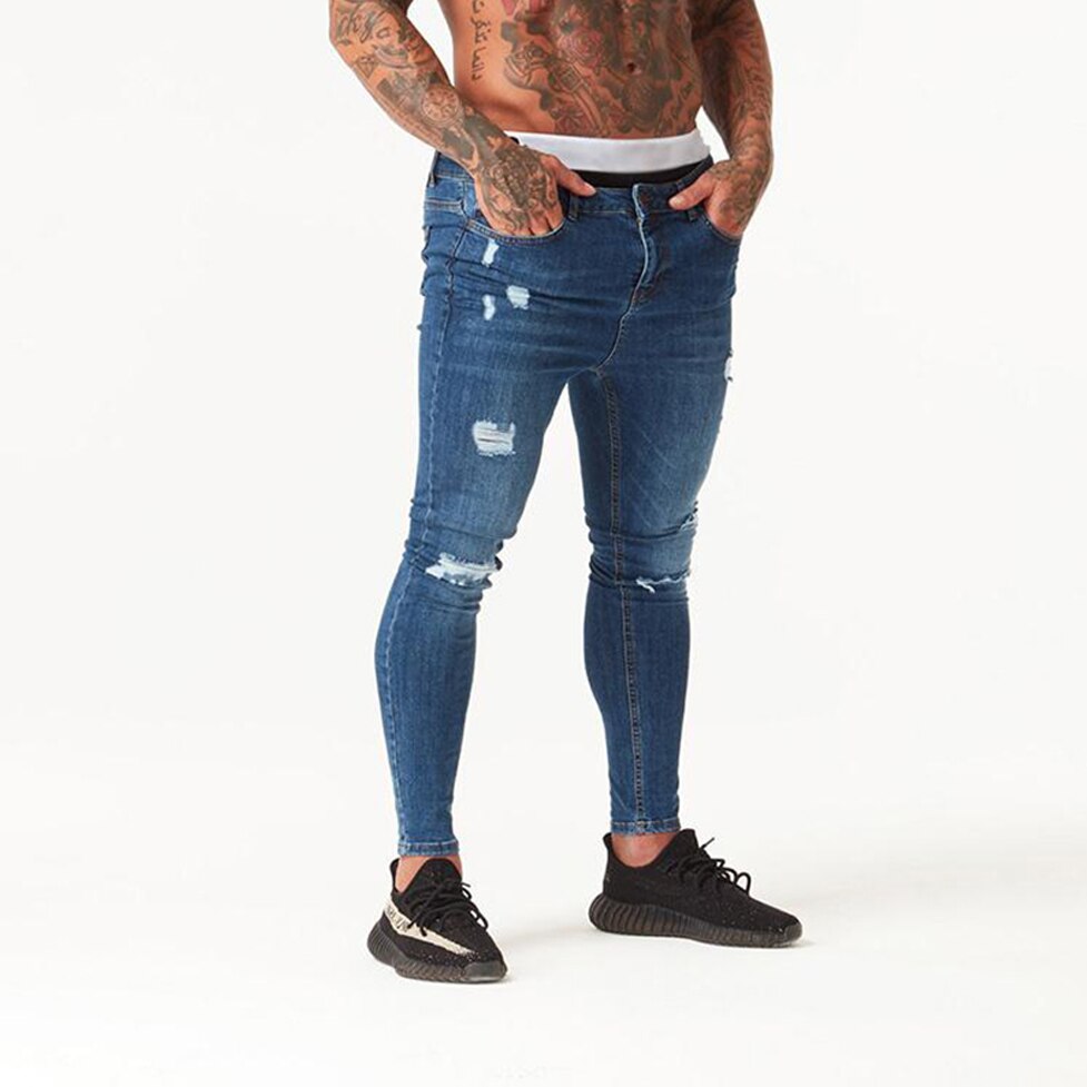 sprühen auf Männer der Jeans Zerrissene Hosen Super schlank Fitnessraum Sport strecken Denim Hosen Elastische Europäischen Jeansy