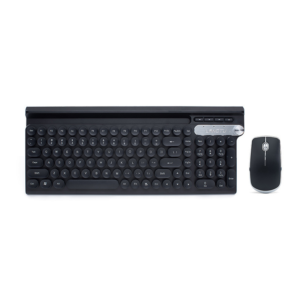 2.4G Keyboard Mouse Combo Quiet Operation Auto Sleep Mode Multifunctional Buttons Retro Round Key Caps Phone Holder