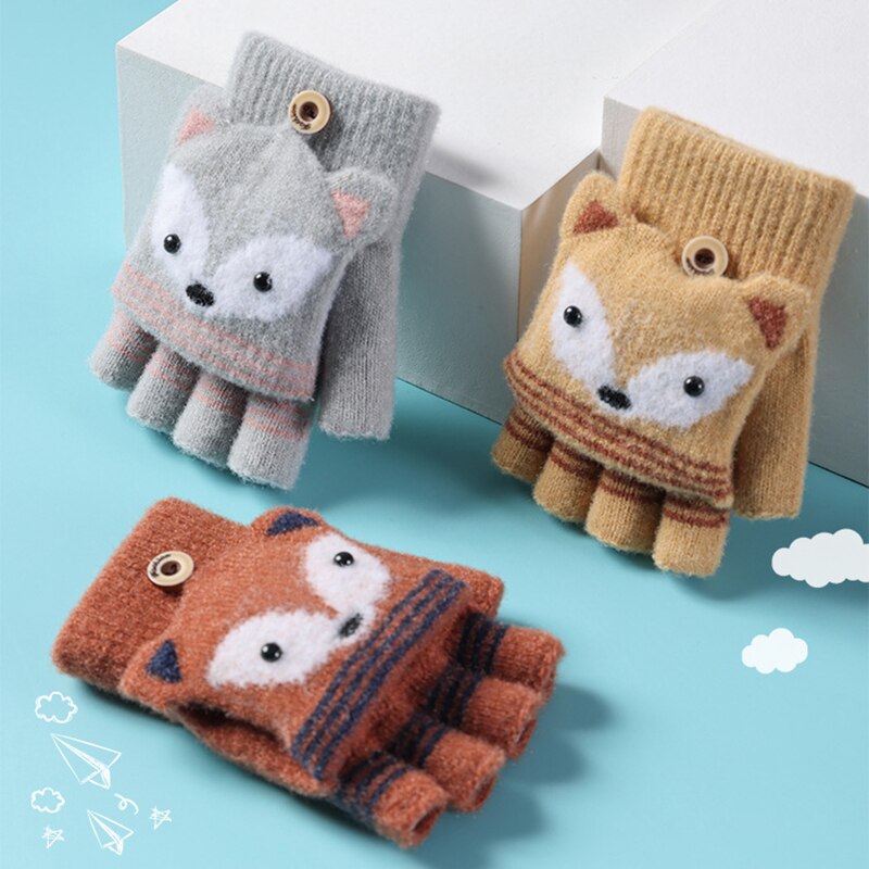 Kinderen Winter Gebreide Convertible Handschoenen Kerst Cartoon Vos Warme Zachte Gevoerd Flip Top Vingerloze Wanten Baby Handschoenen 6-10T