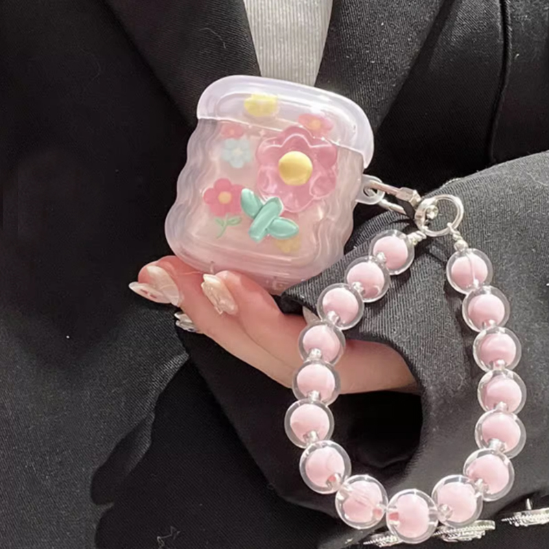 Koreanskt sött hörlursfodral med 3d rosa stjärnor och vågig kant till airpods 1 2 3 med kärlekshjärta och pärlhänge, mjukt fodral till airpods pro 2: S / Ljusrosa