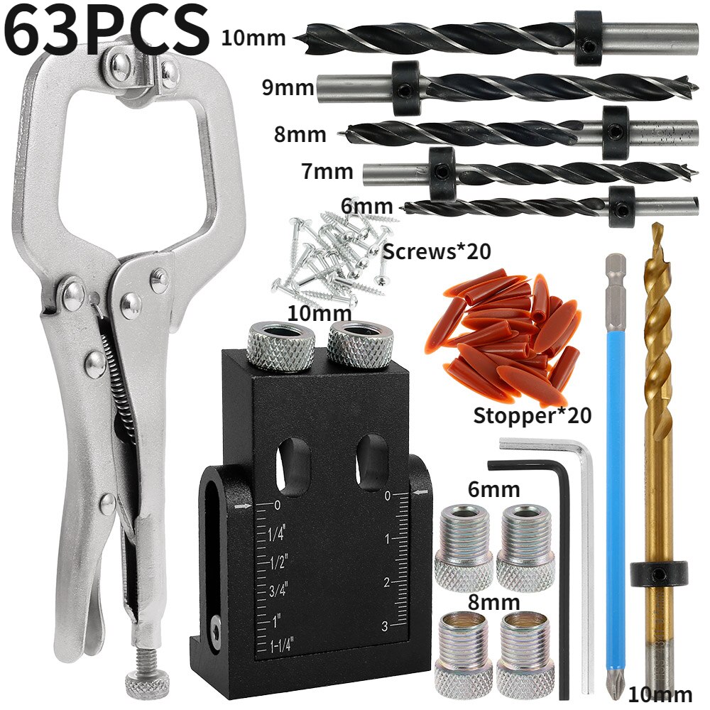 Pocket Hole Jig Kit 15-Degree Angle Drill Guide Woodworking Drill Angle Guide Hole Puncher Locator Jig Oblique Hole Holder Kit: 63PCS