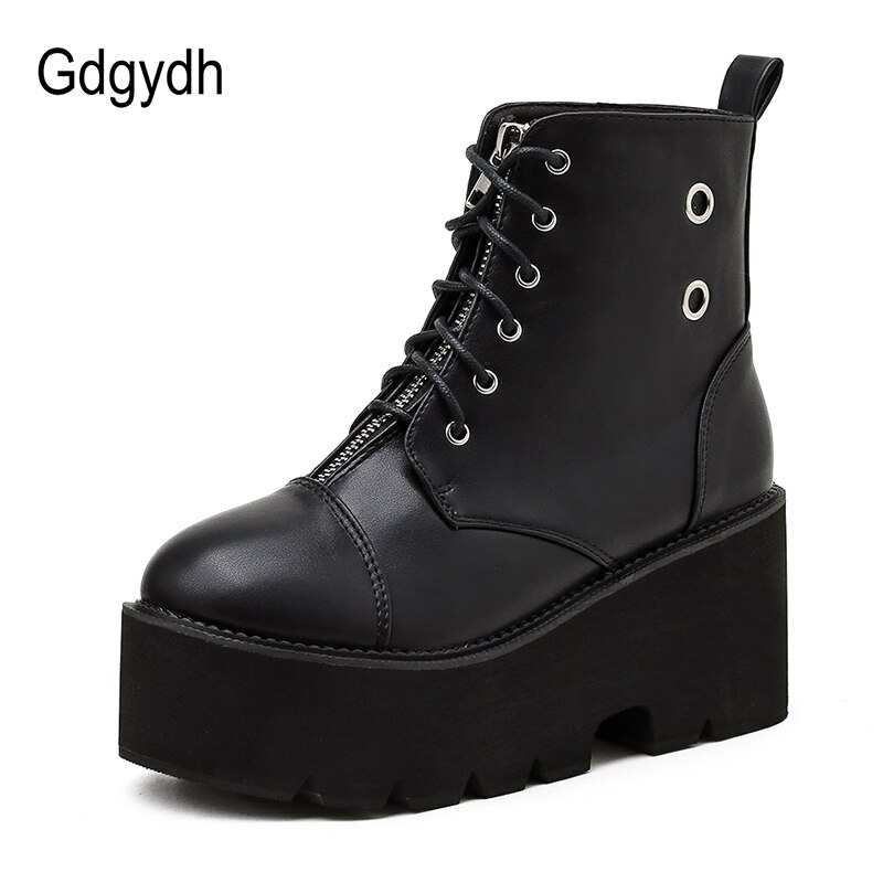 Gdgydh svarta punknitar platåkängor kvinnor snörning dragkedja chunky klack skor för modell fest höst