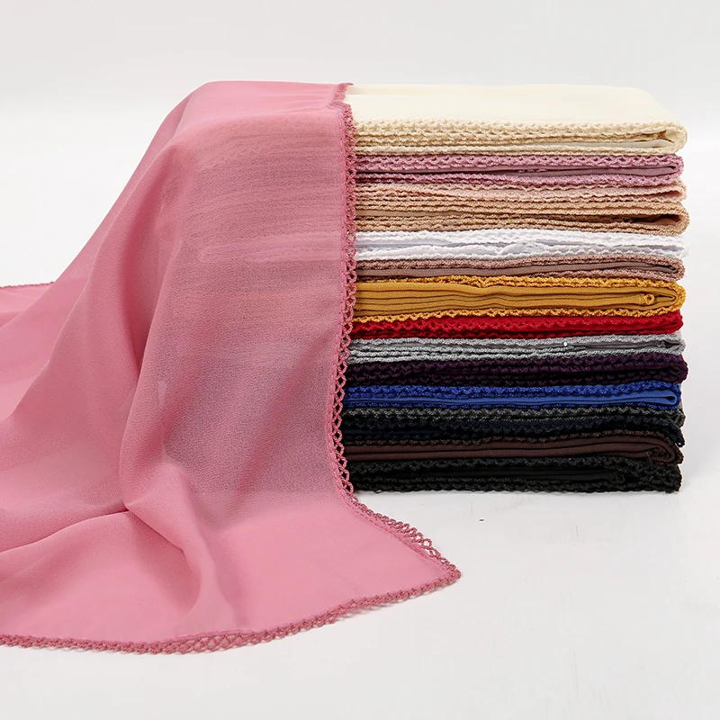 Premium Chiffon Hijab Sjaal Voor Vrouwen Tulband Sluier Kant Stiksel Sjaals Moslim Hijaabs Effen Kleur Vrouw Hoofddoek Sjaal Ramadan