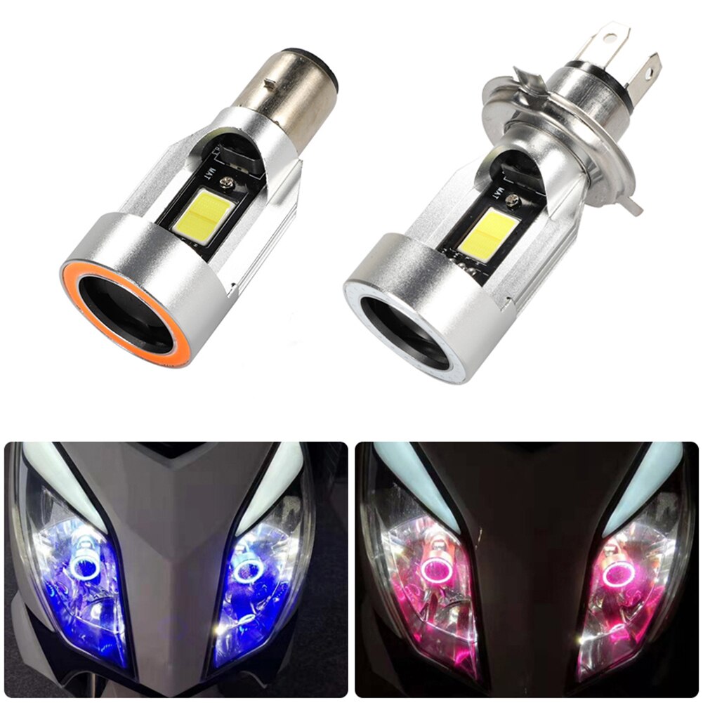 Red &amp; Blue Angel Eye H4 Led Motorfiets Koplamp BA20D Scooter Lamp Licht Accessoires Dc Motor Drl 12-80V Koplamp Verlichting