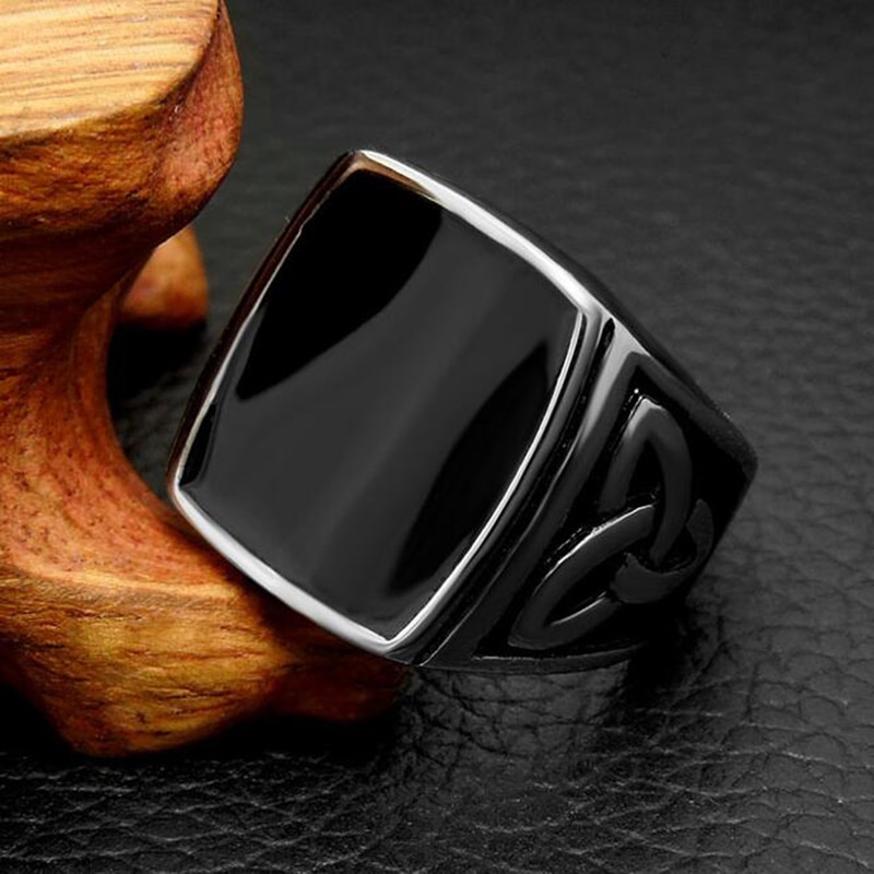 Vintage sorte onyx stenringe punk titanium stål firkantet ring mænd sølv farve til mandlige smykker vintage bryllupsfest