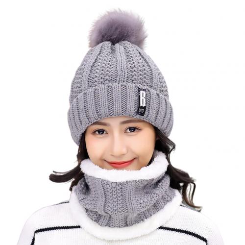 Winter Hats Women Thick Knitted Beanie Hat Plush Neck Gaiter Scarf Outdoor Riding Set Warm Cute Female Cap Soft Set: Grey