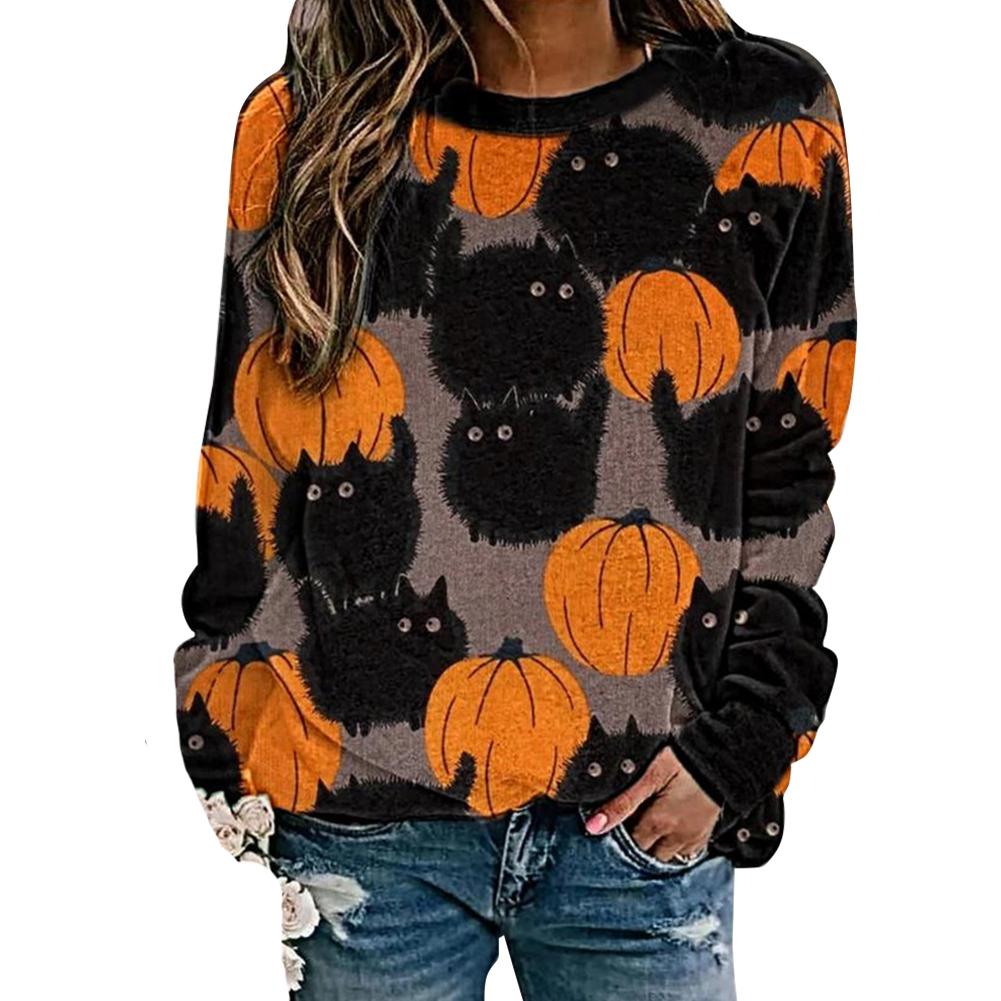 Vrouwen Pompoen Patroon Ronde Hals Sweatshirt Acetaat Fiber Lange Mouwen Voor Halloween Outdoor Indoor