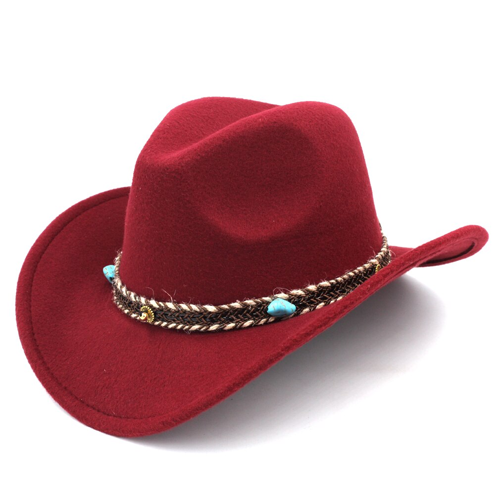 Mistdawn unisex ull bred brätte western cowboyhatt cowgirl kostym keps turkos hampa rep storlek 56-58cm bbe: Vin, röd