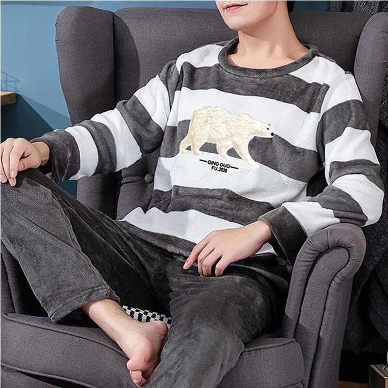 Pajama Man Warm Sleepwear Men's Flannel Winter Thick Pajamas Men Long Sleeve Casual Men's Winter Pajamas Fleece Sleepwear XXXL: 3 / XXXL