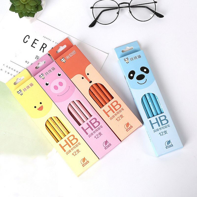 12pcs/pack Cartoon Animal Pig Animals HB Standard Pencil With Eraser Kids Office School Writing Pen Touch Stationery Supplies