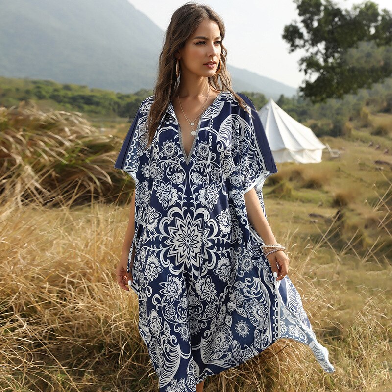 Boheme printet sommer strandkjole badedragt cover-ups plus size kvinder strand wear badedragt cover up blå bomuld tunika  a132: Default Title