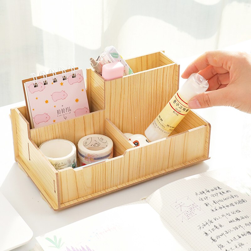 wood pen holder Office sundry sorting box table top cosmetic storage container stationery