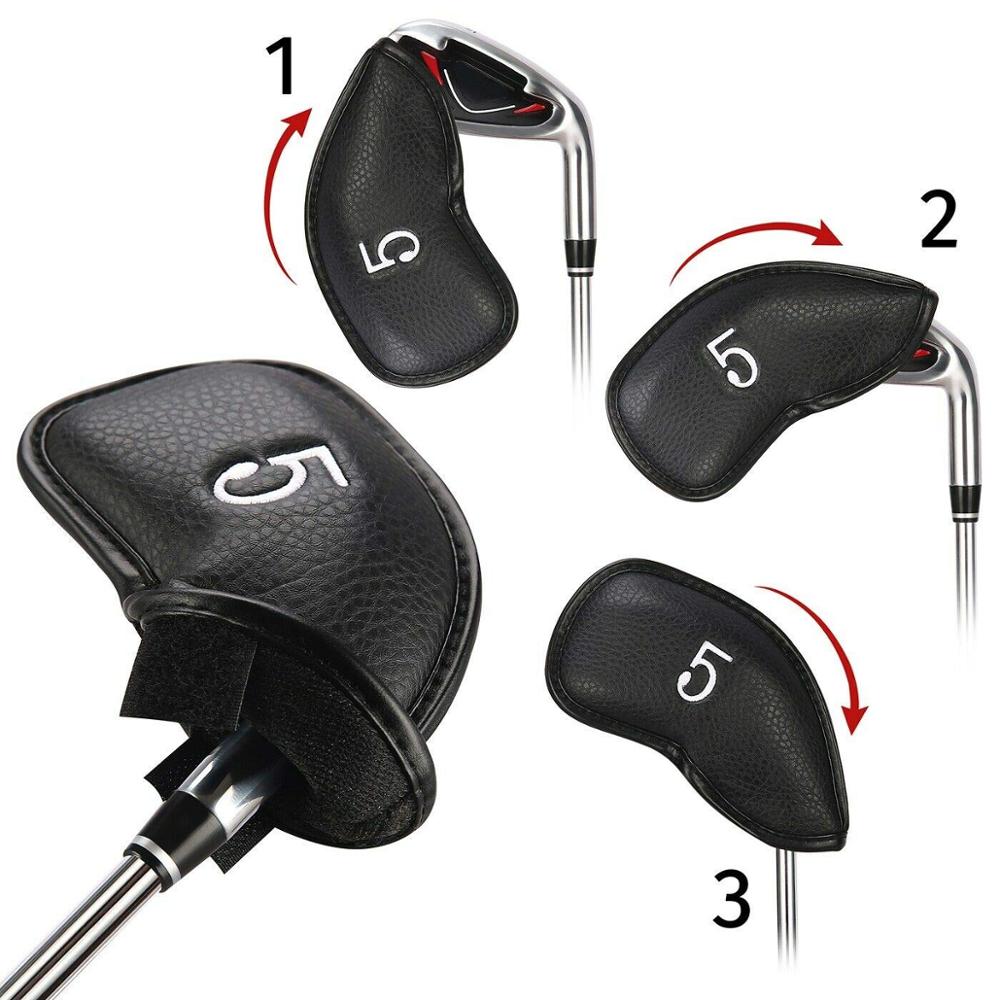 12 pçs/pçs/set preto golf headcovers conjunto de couro sintético à prova dwaterproof água com número bordado apto para todos golfe ferro clube