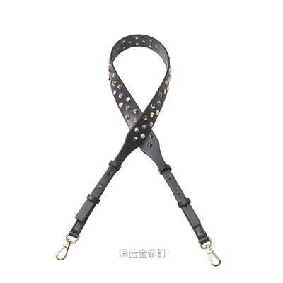 PU Rivet Wide Crossbody Bag Strap For Women PU Adjustable Long Handbag Belt Female Metal Replacement Shoulder Bag Strap: Dark Blue (Gold)