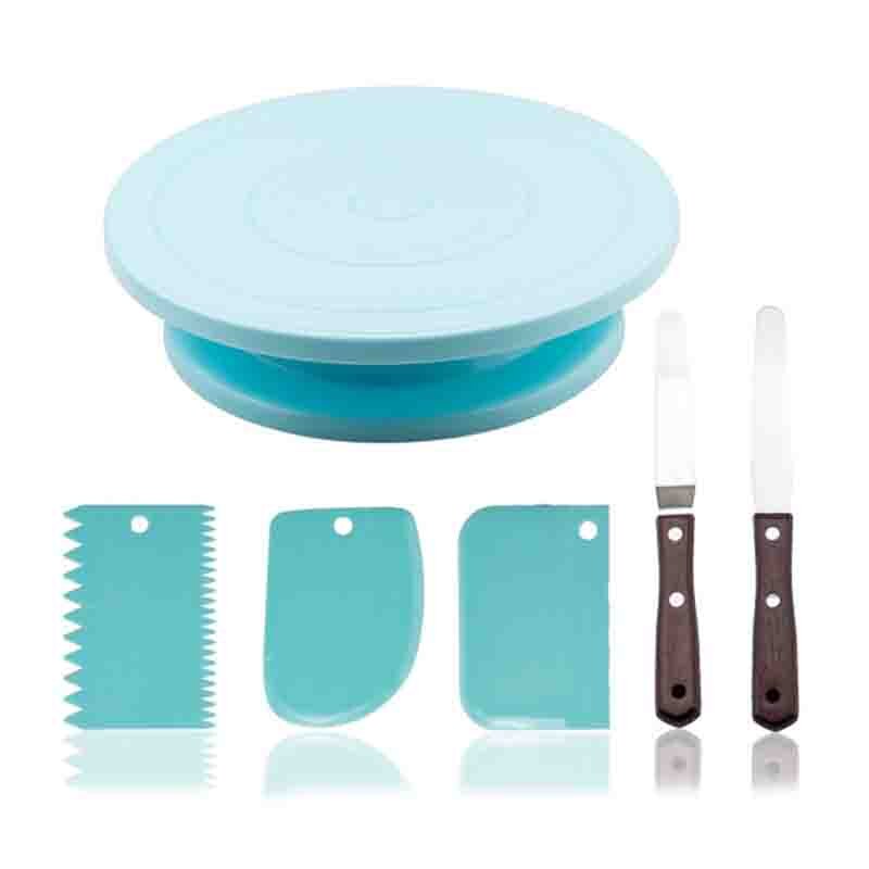 Cake Decorating Tools Convenient Rotating Cake Stand Cake Turntable Plastic Spatula Scrapers For Bakery Dessert Shop: blue set
