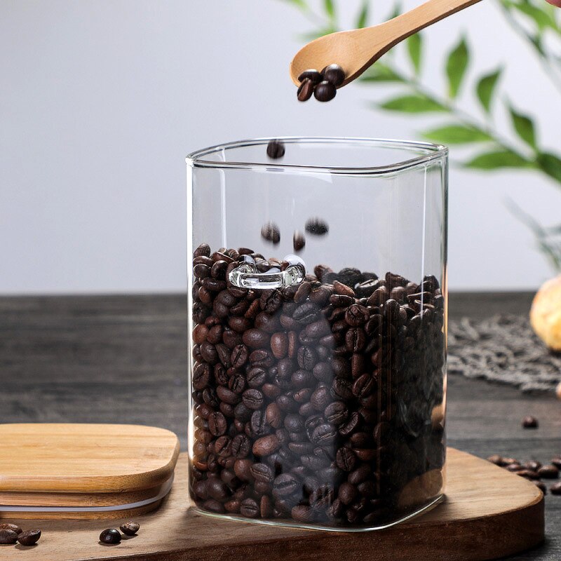 Récipient hermétique de pots de farine de sucre d'épice de grain de café en verre de pot de stockage de nourriture avec des couvercles et la cuillère en bois E2S