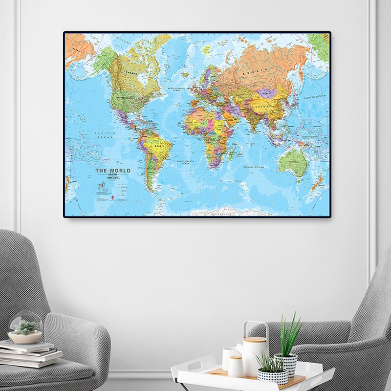 150*100 cm The World Political Map Wall Art Poster Non-Woven Canvas Painting School Supplies Living Room Home Decoration