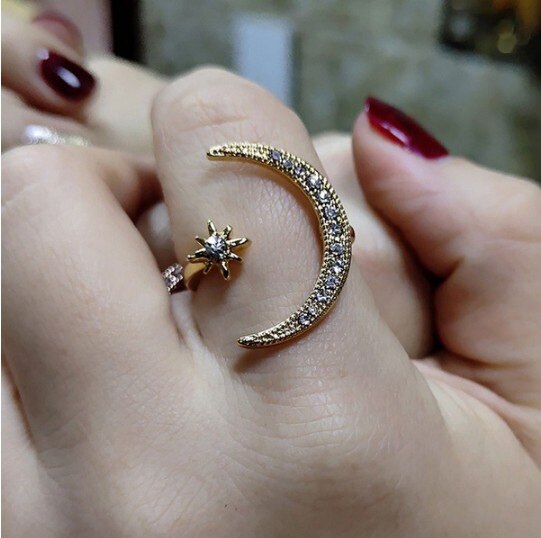 Wangaiyao Moon Star Crescent Moon Star Maan Vrouwelijke Ring Creatieve Overdreven Opening Engagement Ring: gold