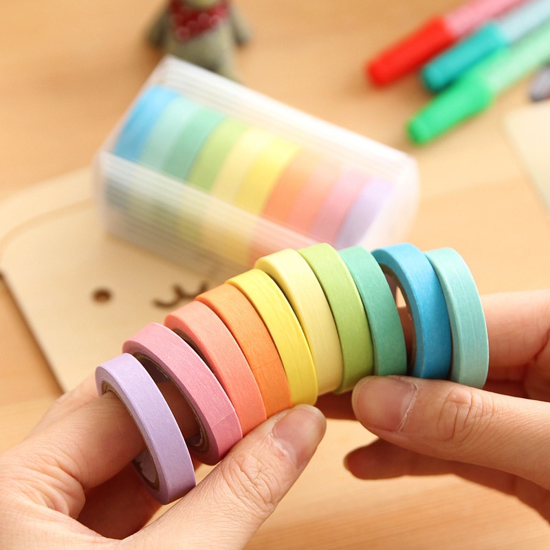 10 Pcs/Set Rainbow Solid Color Masking Washi Sticky Paper Tape Adhesive Scrapbooking Deco Masking Washi Tape