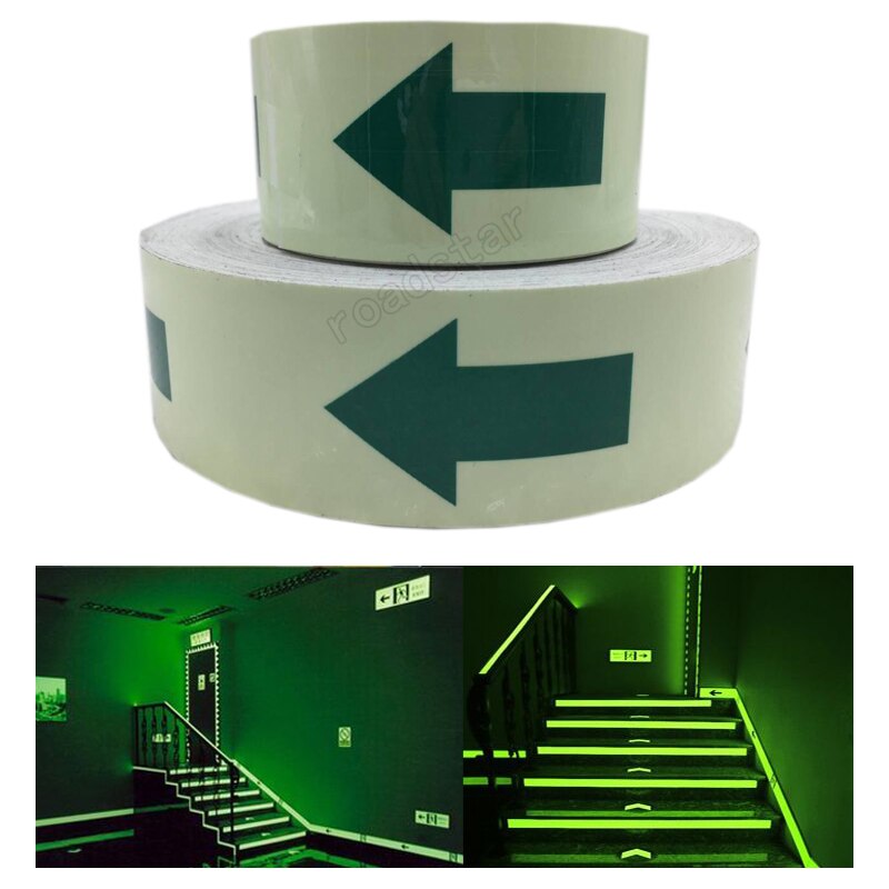 5CM X 10M 5cm width glow in the dark tape lasting 4 hours wiht arrow printing for safety guiding