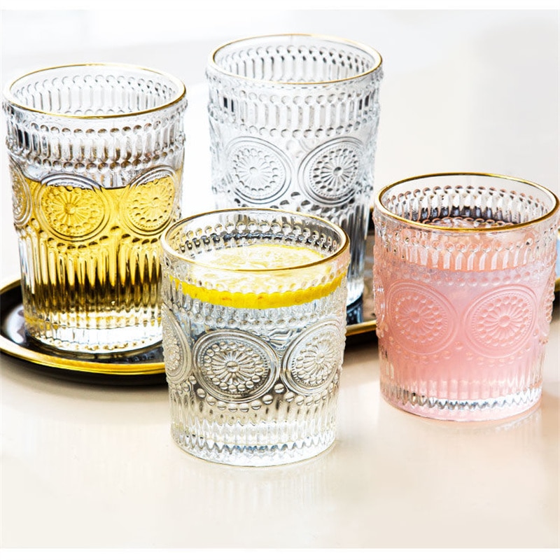 400ml Transparent Glass Water Cup Household Simple Fresh Style Wine Glass Retro Carved Drinking Juice Milk Coffee Beer Glass Cup