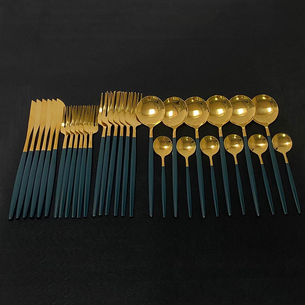 30pcs Dark Green Dinnerware Set 18/10 Stainless Steel Cutlery Set Flatware Tableware Set Dinner Knife Fork Spoon Dishwasher Safe: Green Gold