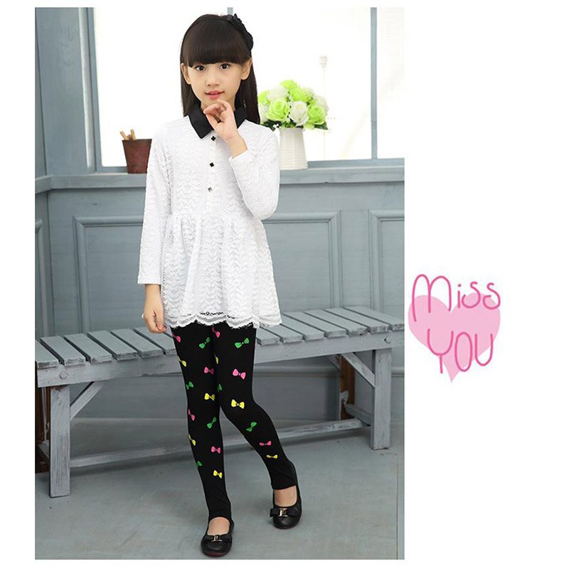 Primavera otoño chicas Leggings Skinny niños gato niños pantalón negro mallas de algodón pantalones gato patrón para flores niñas lazo elástico