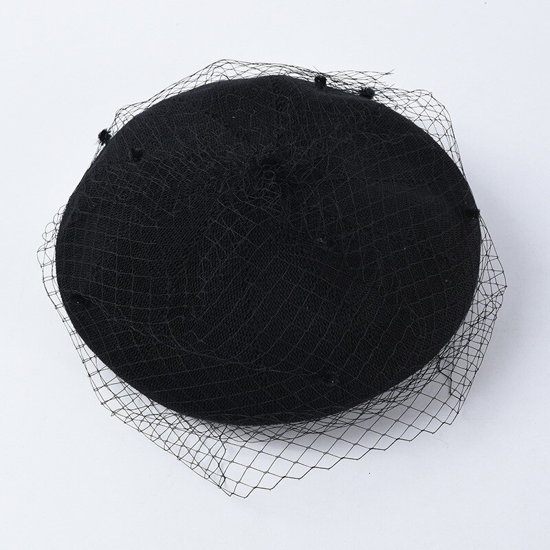 Fedora hoeden voor vrouwen dames fedora's wollen vilt mesh strik bloemen formele baretten retro baret britse mesh gaas stip pet: Zwart
