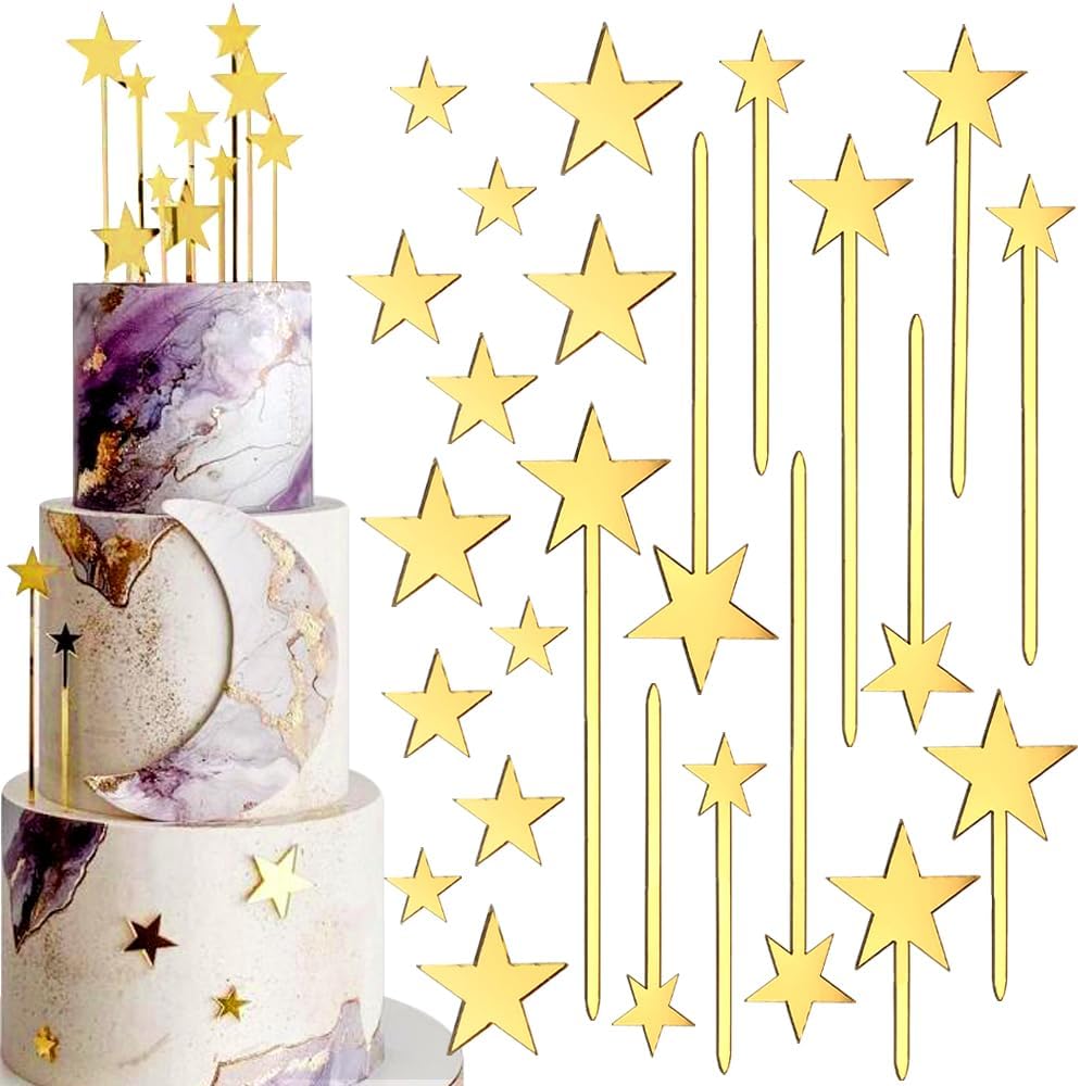Gold 24pcs Cake Topper Pentagram Star Birthday Decorations Mirror Gold Acrylic Cake Toppers for Cake Decorating Supplies Kit: Default Title