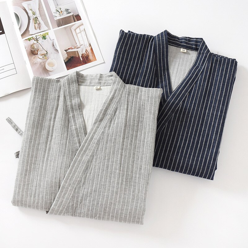 Cotton Kimono Style Bathrobe Men's Spring Summer and Autumn Thin Steamed Bathrobe Nine-quarter Sleeves One-piece Robe Men Kimono
