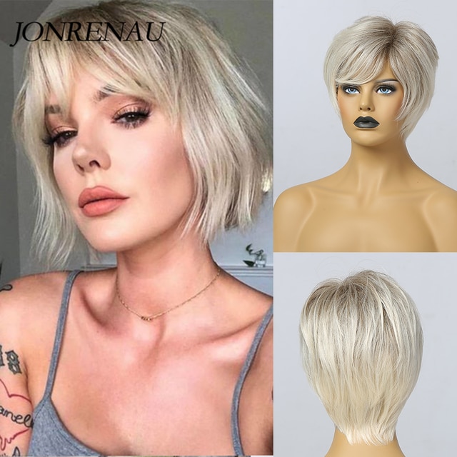 Jonrenau kort bob svart rot platina hår med lugg i sidan syntetisk cosplay peruk för tjej kvinnor färgglada kostym peruker: Ss174