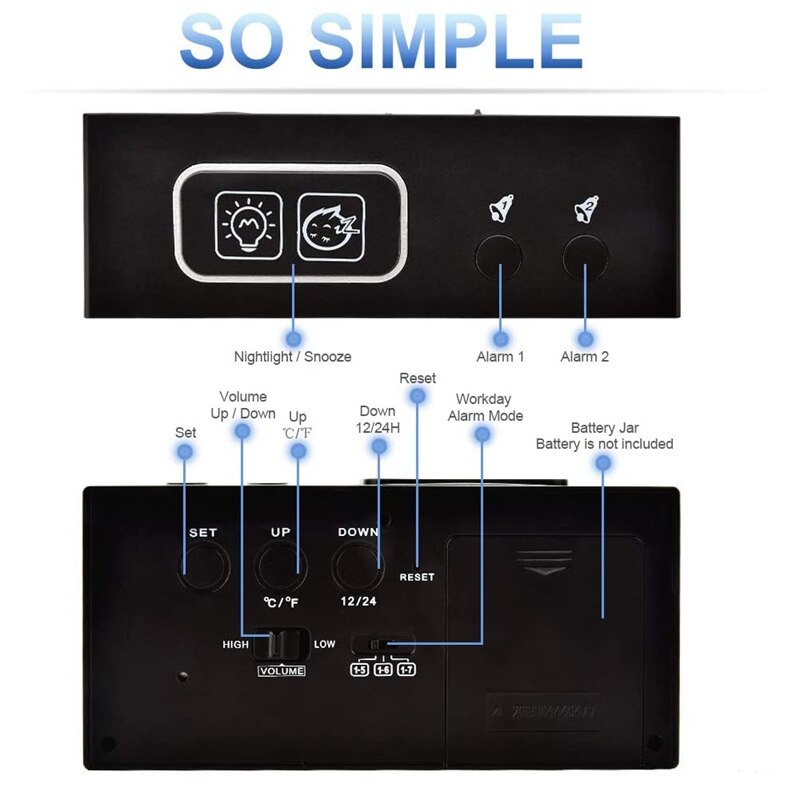 Digital Alarm Clock Bedside Silent Alarm Clock Battery Operated Desk Alarm Clock with Dual Alarms Display , Black