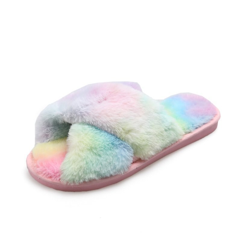 Multi-color Women Fluffy Slipper Shoes Winter Cross-tie Plush Slippers Flat Shoes Warm Faux Fur Slipper Home Ladies Shoes: color 1 / 38-39