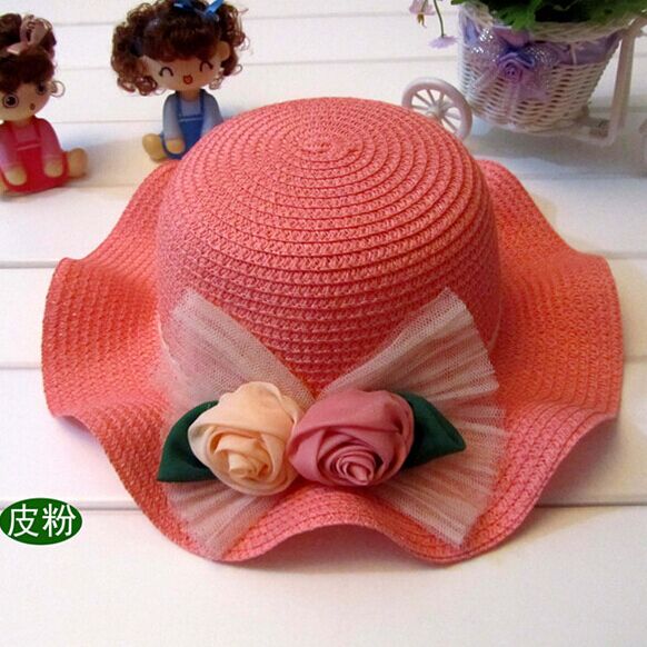 Sun Hats For Girl Summer Children Flouncy Straw Hat Two Roses Bud Silk Caps: Skin pink